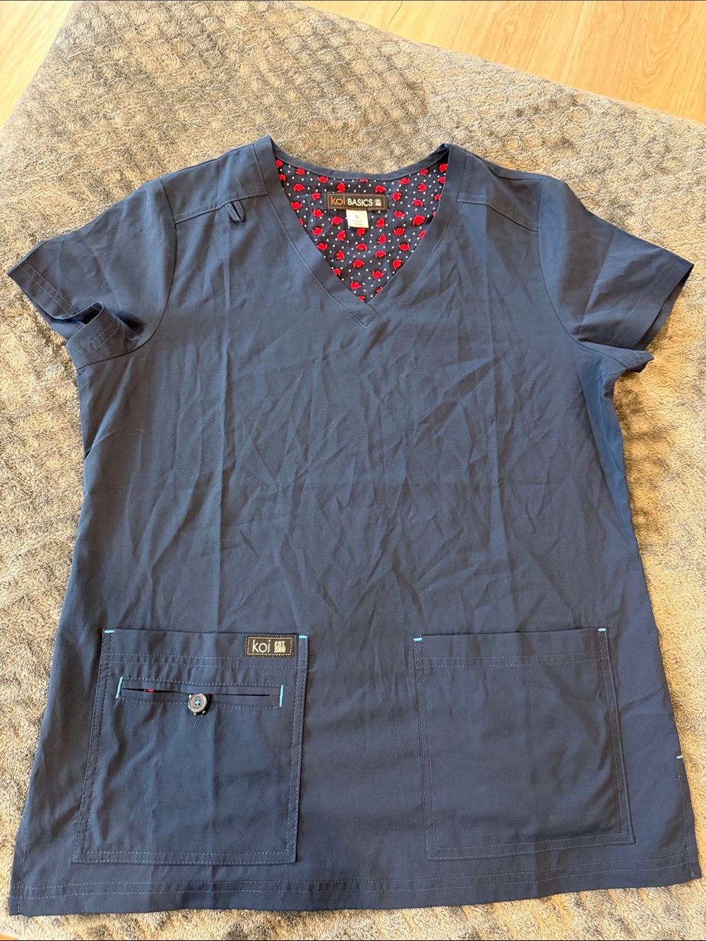 koi Navy V-Neck Scrub Top with Cherry-Print Trim